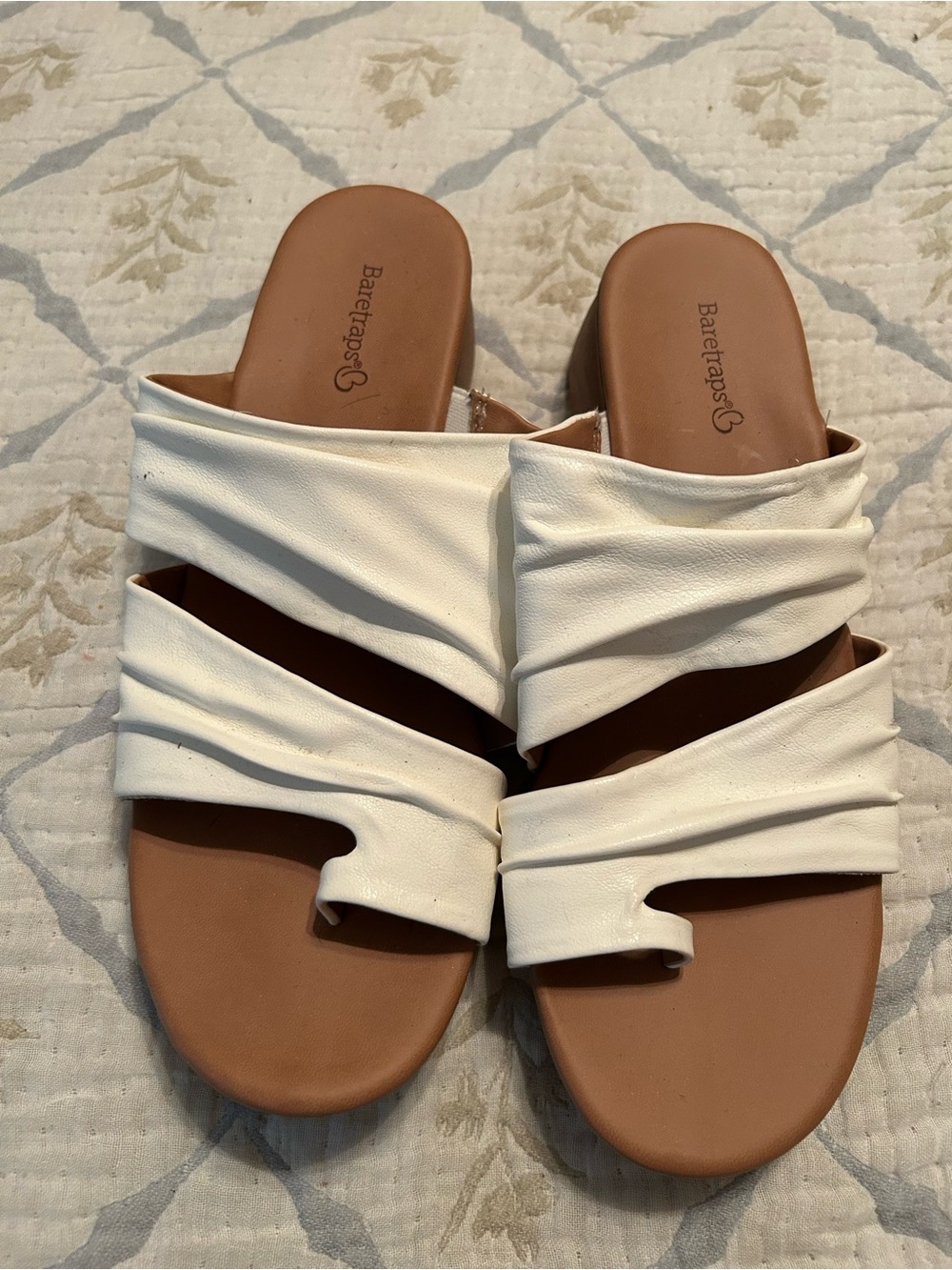 BareTraps White Ruched Strap Slide Sandals